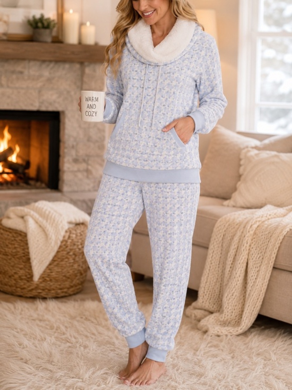 Pajamagram Cozy Plush Fleece Pajama Lounge Set Blue White XS
